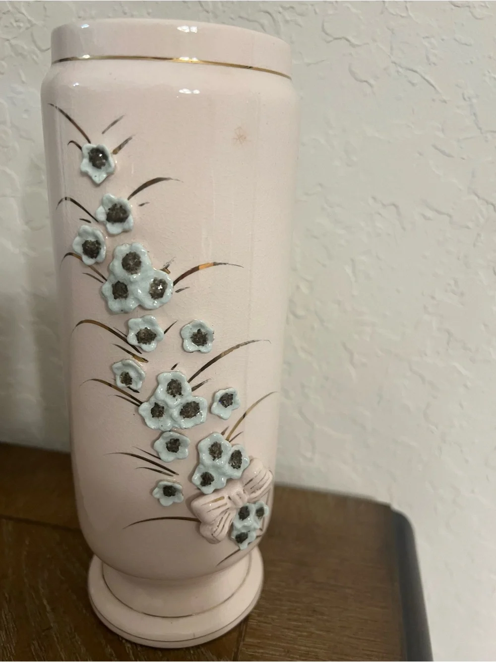 Blush Pink Ceramic Vase with Raised Floral Appliqués